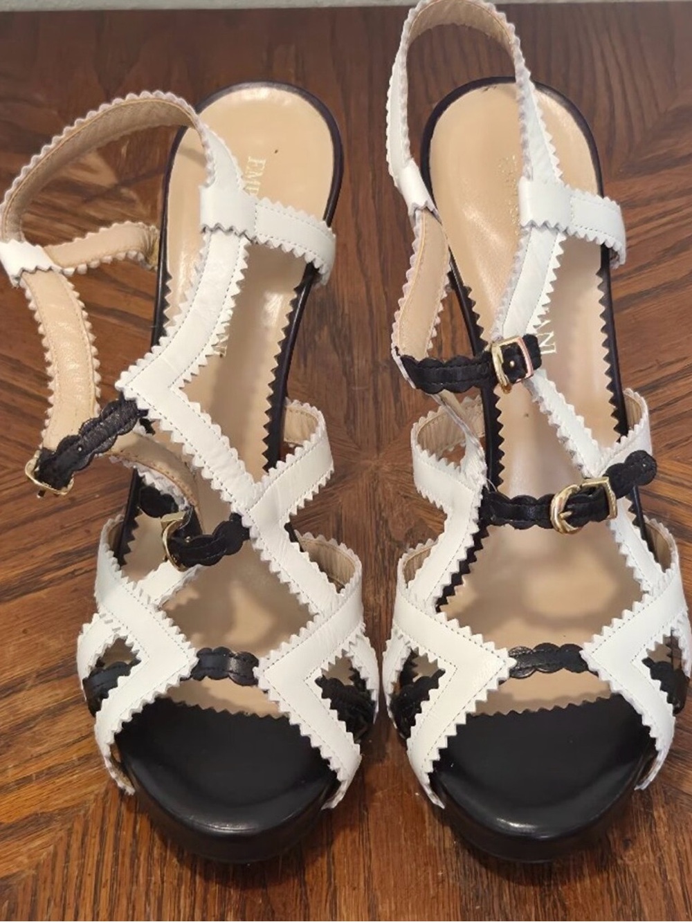 EA Womens Black and White Strappy High Heel Sandals